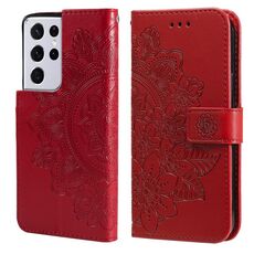 Per Samsung Galaxy S21 Ultra 5G 7-Petal Flowers Pattern Growding Pattern Horizontal Flip Custodia in pelle PU con supporto e carte Slot & Portafoglio e cornice fotografica (rosso)