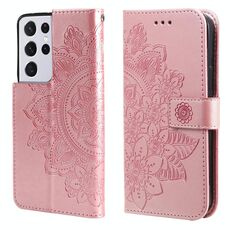 Per Samsung Galaxy S21 Ultra 5G Fiori di fiori a 7 petali Pattern Growding Horizontal flip custodia in pelle PU con supporto e carte Slot e portafoglio e cornice fotografica (oro rosa)
