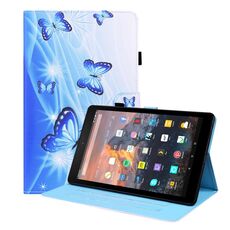 Per Amazon Kindle Fire 7 Animal Pattern Custodia in pelle flip orizzontale con supporto e carte Slot e fotogrammi e Photo Frame & Sleep / Funzione Wake-up (Blue Butterfly)