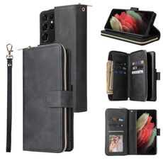 Per Samsung Galaxy S21 Ultra Zipper Portafoglio Borsa a portafoglio orizzontale PU Custodia in pelle PU con supporto e 9 Slot per schede e portafoglio e cordino e cornice fotografica (nero)