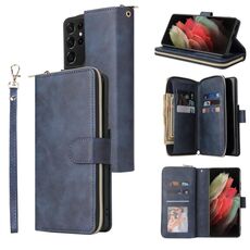 Per Samsung Galaxy S21 Ultra Zipper BAG BAG BAG HOZZOLATA Custodia in pelle PU con supporto e 9 carte e portafoglio e cordino e cornice fotografica (blu)