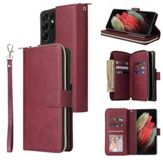 Per Samsung Galaxy S21 Ultra Zipper Portafoglio Borsa a portafoglio orizzontale Custodia in pelle PU con titolare e 9 Slot per schede e portafoglio e cordino e cornice fotografica (vino rosso)