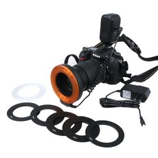 Torcia LED circolare con 48 luci LED e 6 anelli adattatori (49 mm / 52 mm / 55 mm / 58 mm / 62 mm / 67 mm) per obiettivo macro (arancione)