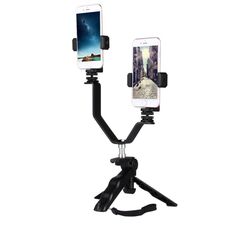 Supporto per treppiede pieghevole con staffa per trasmissione live per smartphone con 2x clip per telefono, Per iPhone, Galaxy, Huawei, Xiaomi, HTC, Sony, Google e altri smartphone