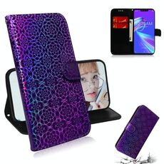 Per Asus Zenfone Max (M2) ZB633KL Custodia in pelle PU con fibbia magnetica colorata tinta unita con supporto e slot per schede, portafoglio e cordino (viola)