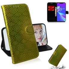 Per Asus Zenfone Max (M2) ZB633KL Custodia in pelle PU con fibbia magnetica colorata tinta unita con supporto e slot per schede, portafoglio e cordino (oro)