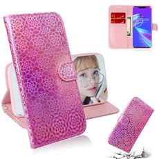 Per Asus Zenfone Max (M2) ZB633KL Custodia in pelle PU con fibbia magnetica colorata tinta unita con supporto e slot per schede, portafoglio e cordino (rosa)
