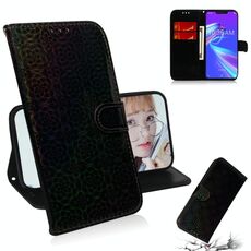 Per Asus Zenfone Max (M2) ZB633KL Custodia in pelle PU con fibbia magnetica colorata tinta unita con supporto e slot per schede, portafoglio e cordino (nero)