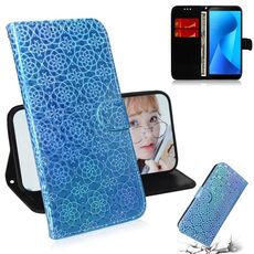 Per Zenfone Max Plus (M1) ZB570TL Custodia in pelle PU con fibbia magnetica colorata tinta unita con supporto e slot per schede, portafoglio e cordino (blu)