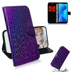 Per Zenfone Max Plus (M1) ZB570TL Custodia in pelle PU con fibbia magnetica colorata tinta unita con supporto e slot per schede, portafoglio e cordino (viola)