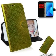 Per Zenfone Max Plus (M1) ZB570TL Custodia in pelle PU con fibbia magnetica colorata tinta unita con supporto e slot per schede, portafoglio e cordino (oro)