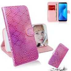 Per Zenfone Max Plus (M1) ZB570TL Custodia in pelle PU con fibbia magnetica colorata tinta unita con supporto e slot per schede, portafoglio e cordino (rosa)