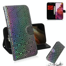 Per Samsung Galaxy S30 Custodia in pelle PU con fibbia magnetica colorata colorata ultra tinta unita con supporto e slot per schede, portafoglio e cordino (argento)