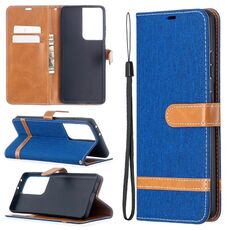Per Samsung Galaxy S30 Custodia in pelle a vibrazione orizzontale con texture denim abbinata a colori ultra con supporto e slot per schede, portafoglio e cordino (blu)