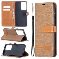 Per Samsung Galaxy S30 Custodia in pelle a vibrazione orizzontale con struttura in denim abbinata a colori ultra con supporto e slot per schede, portafoglio e cordino (marrone)