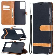 Per Samsung Galaxy S30 Custodia in pelle a vibrazione orizzontale con texture denim abbinata a colori ultra con supporto e slot per schede, portafoglio e cordino (nero)
