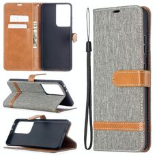 Per Samsung Galaxy S30 Custodia in pelle a vibrazione orizzontale con texture denim abbinata a colori ultra con supporto e slot per schede, portafoglio e cordino (grigio)
