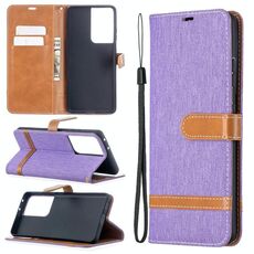 Per Samsung Galaxy S30 Custodia in pelle a vibrazione orizzontale con texture denim abbinata a colori ultra con supporto e slot per schede, portafoglio e cordino (viola)