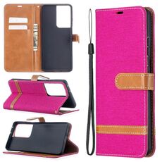 Per Samsung Galaxy S30 Custodia in pelle a vibrazione orizzontale con texture denim abbinata a colori ultra con supporto e slot per schede, portafoglio e cordino (rosa rossa)