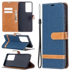 Per Samsung Galaxy S30 Custodia in pelle a vibrazione orizzontale con texture denim abbinata a colori ultra con supporto e slot per schede, portafoglio e cordino (blu scuro)