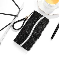 Per Samsung Galaxy S21 Ultra 5G Custodia in pelle con vibrazione orizzontale in polvere glitterata con slot per schede e supporto e cordino (nero)