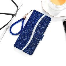 Per Samsung Galaxy S21 Ultra 5G Custodia in pelle con vibrazione orizzontale in polvere glitterata con slot per schede e supporto e cordino (blu)