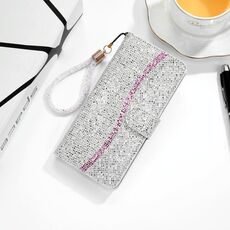 Per Samsung Galaxy S21 Ultra 5G Custodia in pelle con vibrazione orizzontale in polvere glitterata con slot per schede e supporto e cordino (argento)