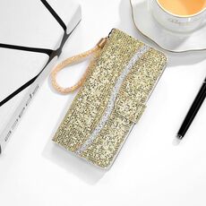 Per Samsung Galaxy S21 Ultra 5G Custodia in pelle con vibrazione orizzontale in polvere glitterata con slot per schede, supporto e cordino (oro)