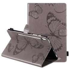 Per Samsung Galaxy Tab S6 T860 Custodia in pelle a vibrazione orizzontale con motivo a farfalla stampato a pressione con supporto e slot per schede e portafoglio e funzione sleep / Wake-up (grigio)