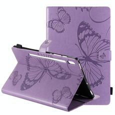 Per Samsung Galaxy Tab S6 T860 Custodia in pelle a vibrazione orizzontale con motivo a farfalla stampato a pressione con supporto e slot per schede e portafoglio e funzione di sospensione / sveglia (viola)