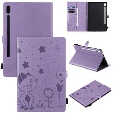 Per Samsung Galaxy Tab S6 T860 Cat Bee Embossing Pattern Tavolo antiurto Custodia protettiva in pelle con flip orizzontale per PC con supporto e slot per schede e portafoglio e slot per penna e funzione sveglia / sonno (viola)
