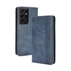 Per Samsung Galaxy S21 Ultra Magnetic Buckle Retro Crazy Horse Texture Custodia in pelle a vibrazione orizzontale con supporto, slot per schede e cornice per foto (blu)