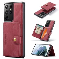 Per Samsung Galaxy S21 Ultra 5G JEEHOOD Custodia protettiva staccabile magnetica retrò con portafoglio e slot per schede e supporto (rosso)
