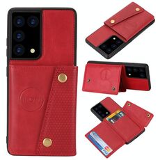 Custodia protettiva magnetica antiurto in PU + TPU con doppia fibbia per Samsung Galaxy S21 Ultra 5G con slot per scheda e supporto (rosso)