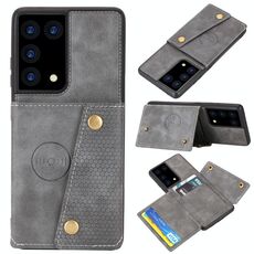 Custodia protettiva magnetica antiurto in PU + TPU con doppia fibbia per Samsung Galaxy S21 Ultra 5G con slot per scheda e supporto (grigio)