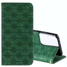 Per Samsung Galaxy S21 Ultra 5G Lucky Flowers Custodia in pelle con goffratura orizzontale magnetica con supporto e slot per schede (verde scuro)