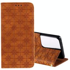 Per Samsung Galaxy S21 Ultra 5G Lucky Flowers Embossing Pattern Custodia in pelle con vibrazione orizzontale magnetica con supporto e slot per schede (giallo marrone)