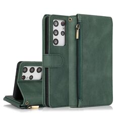 Per Samsung Galaxy S21 Ultra 5G Skin-feel Crazy Horse Texture Borsa a portafoglio con cerniera Custodia in pelle a ribaltamento orizzontale con supporto e slot per schede e portafoglio e cordino (verde scuro)