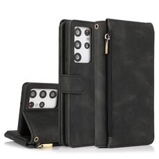 Per Samsung Galaxy S21 Ultra 5G Skin-feel Crazy Horse Texture Borsa a portafoglio con cerniera Custodia in pelle a ribaltamento orizzontale con supporto e slot per schede e portafoglio e cordino (nero)
