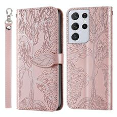 Per Samsung Galaxy S21 Ultra 5G Life of Tree Embossing Pattern Custodia in pelle con vibrazione orizzontale con supporto e slot per schede e portafoglio e cornice per foto e cordino (oro rosa)