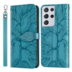 Per Samsung Galaxy S21 Ultra 5G Life of Tree Embossing Pattern Custodia in pelle a ribaltamento orizzontale con supporto e slot per schede e portafoglio e cornice per foto e cordino (blu lago)