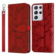 Per Samsung Galaxy S21 Ultra 5G Life of Tree Embossing Pattern Custodia in pelle a ribaltamento orizzontale con supporto e slot per schede e portafoglio e cornice per foto e cordino (rosso)