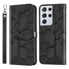 Per Samsung Galaxy S21 Ultra 5G Life of Tree Embossing Pattern Custodia in pelle a ribaltamento orizzontale con supporto e slot per schede e portafoglio e cornice per foto e cordino (nero)