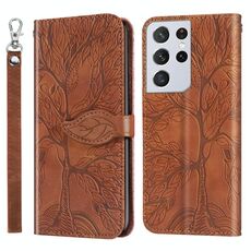 Per Samsung Galaxy S21 Ultra 5G Life of Tree Embossing Pattern Custodia in pelle con vibrazione orizzontale con supporto e slot per schede e portafoglio e cornice per foto e cordino (marrone)