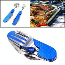 Set di posate pieghevoli da viaggio / campeggio 4-in-1 in acciaio inossidabile, cucchiaio + forchetta + coltello + set apribottiglie (blu)