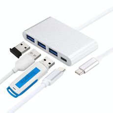 4 in 1 3 x porte USB 3.0 e adattatore splitter hub USB-C / Type-C femmina a USB-C / Type-C maschio (argento)