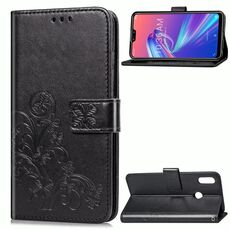 Custodia in pelle con motivo a fiori pressati Lucky Clover per ASUS ZB631KL, con supporto e slot per schede e portafoglio e cinturino (nero)