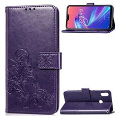 Custodia in pelle con motivo fiori pressati Lucky Clover per ASUS ZB631KL, con supporto, slot per schede, portafoglio e cinturino da polso (viola)