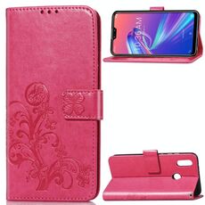 Custodia in pelle con motivo fiori pressati Lucky Clover per ASUS ZB631KL, con supporto, slot per schede, portafoglio e cinturino da polso (rosa rossa)