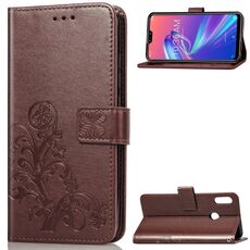 Custodia in pelle con motivo fiori pressati Lucky Clover per ASUS ZB631KL, con supporto, slot per schede, portafoglio e cinturino da polso (marrone)
